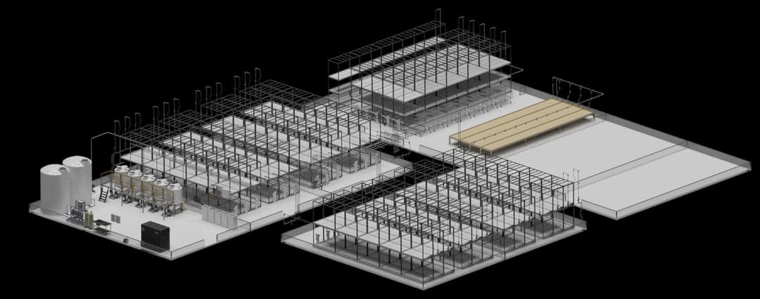 Vulcan Squad 3D irrigation design render of a complete cultivation facility