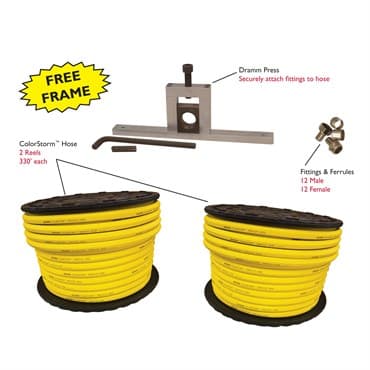 Dramm 5/8 inch Custom Hose Starter Kit Includes 2 Spools 5/8 In x 330Ft Color Storm Yellow Hose, 1 DP Frame Only, 1 DPJ625 5/8 Jaws, 12 Ea Male Fittings, 12 Ea Female Fittings — photo 1 of 2