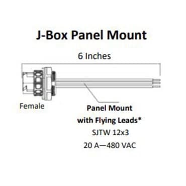 Fluence AC Flex Wiring, 6" ( 152mm ), J-Box Panel Mount, 20A, Pigtails to M25 Push Lock Connector 10/CS — photo 1 of 2