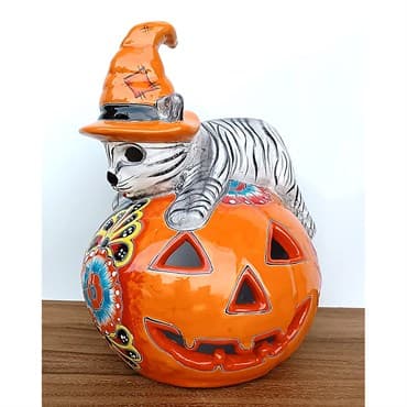 Talavera 14"H  x 12"W Pumpkin with Cat — photo 1 of 2