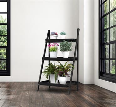 Panacea Folding Narrow Step Ladder 3 Tier Plant Stand with Metal Trays Matte Black — photo 1 of 2