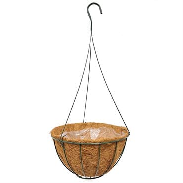 GROWER SELECT 12" HANGING BASKET HUNTER GREEN WIRE HANGER FLAT BOTTOM COCO LINER; TOP DIA 12IN X 6IN H 1.58 GAL /6L LIQUID VOLUME CAPACITY — photo 1 of 2