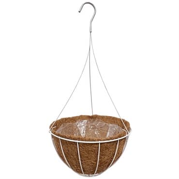 GROWER SELECT 12" HANGING BASKET WHITE WIRE HANGER FLAT BOTTOM COCO LINER; TOP DIA 12IN X 6IN H 1.58 GAL /6L LIQUID VOLUME CAPACITY — photo 1 of 2