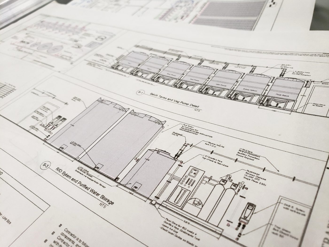 Printed irrigation construction drawings: batch tanks and veg pump detail, RO system and purified water storage sections