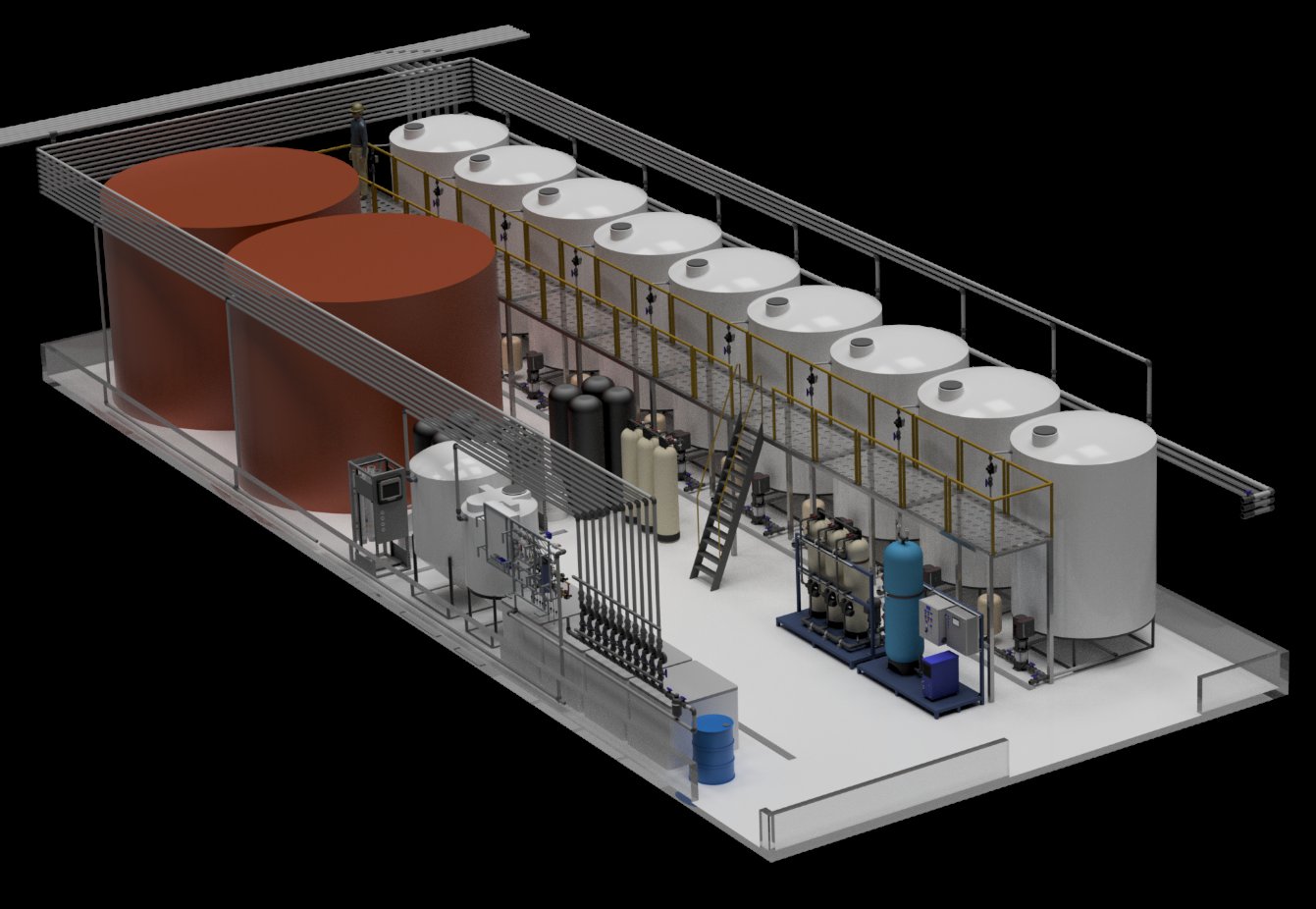 3D water-room design render with bulk storage tanks, batch tanks, RO skid, filtration, and fertigation pumps